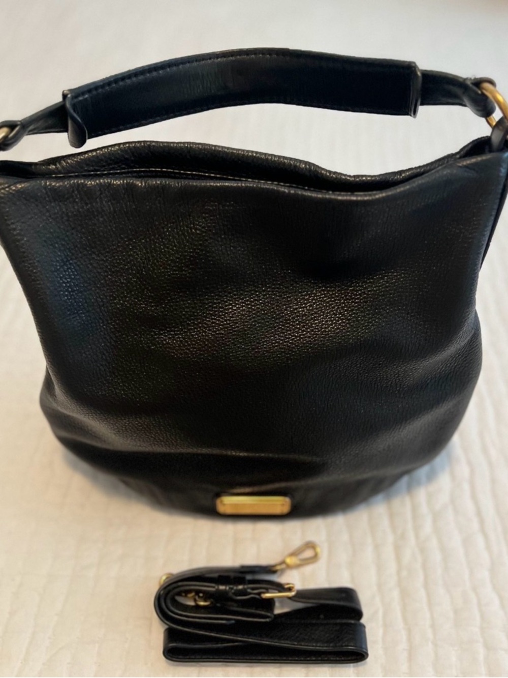 Black Leather Hobo Bag with Gold Accent
